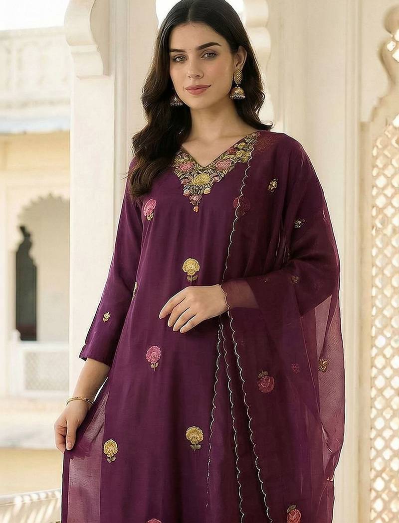 Women Ethnic Motifs Embroidered Regular Thread Work Kurta with Trousers & With Dupatta