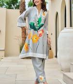 Floral Printed Mandarin Collar A-Line Sequinned Kurta With Trousers