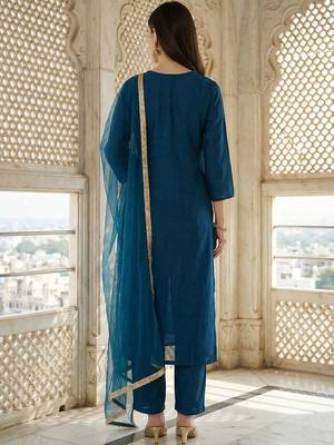 Women Ethnic Motifs Embroidered Regular Kurta with Trousers & With Dupatta 4