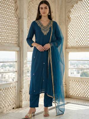 Women Ethnic Motifs Embroidered Regular Kurta with Trousers & With Dupatta 5