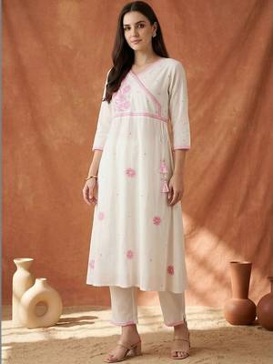 Women Ethnic Motifs Embroidered Angrakha Thread Work Pure Cotton Kurta with Trousers 2