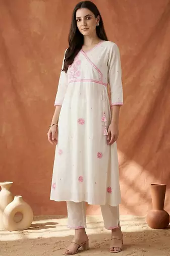 Women Ethnic Motifs Embroidered Angrakha Thread Work Pure Cotton Kurta with Trousers