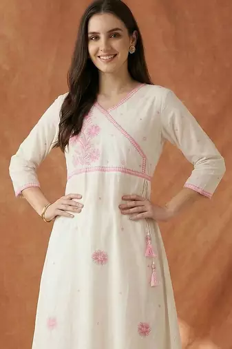 Women Ethnic Motifs Embroidered Angrakha Thread Work Pure Cotton Kurta with Trousers