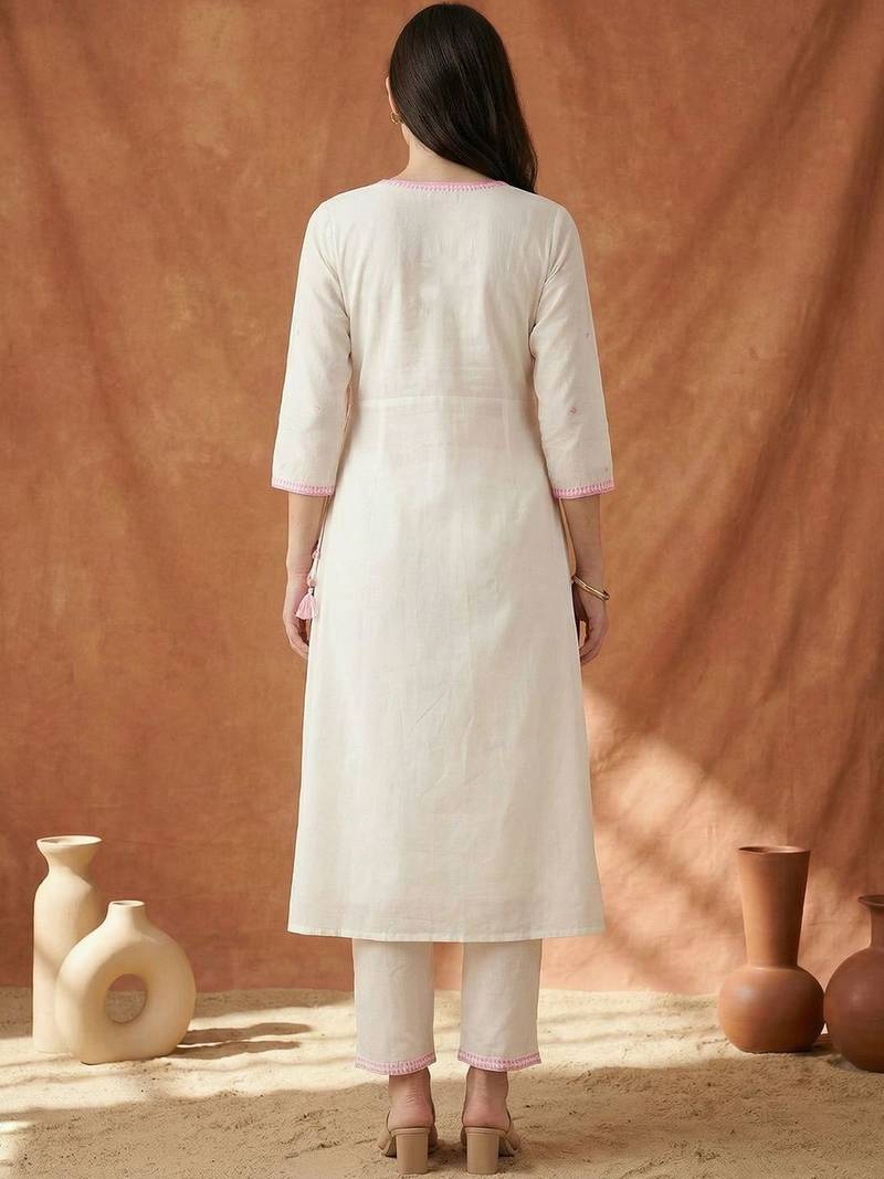 Women Ethnic Motifs Embroidered Angrakha Thread Work Pure Cotton Kurta with Trousers