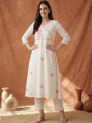 Women Ethnic Motifs Embroidered Angrakha Thread Work Pure Cotton Kurta with Trousers 6