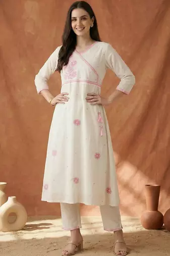 Women Ethnic Motifs Embroidered Angrakha Thread Work Pure Cotton Kurta with Trousers