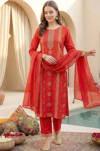 Women Ethnic Motifs Printed Regular Thread Work Kurta with Trousers & Dupatta