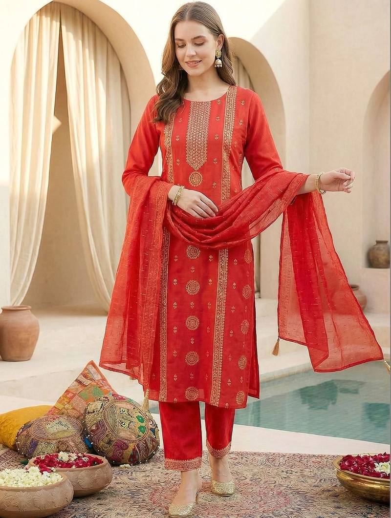 Women Ethnic Motifs Printed Regular Thread Work Kurta with Trousers & Dupatta