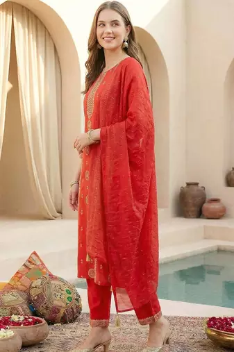 Women Ethnic Motifs Printed Regular Thread Work Kurta with Trousers & Dupatta
