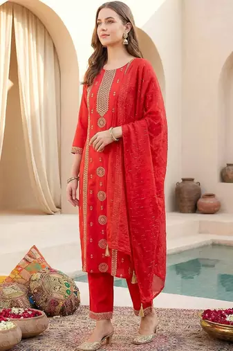 Women Ethnic Motifs Printed Regular Thread Work Kurta with Trousers & Dupatta