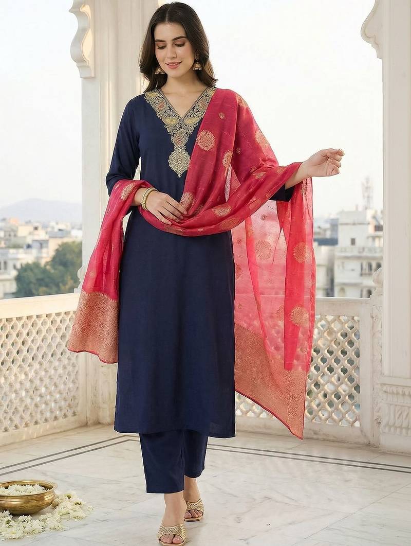 Women Ethnic Motifs Embroidered Regular Kurta with Trousers & With Dupatta