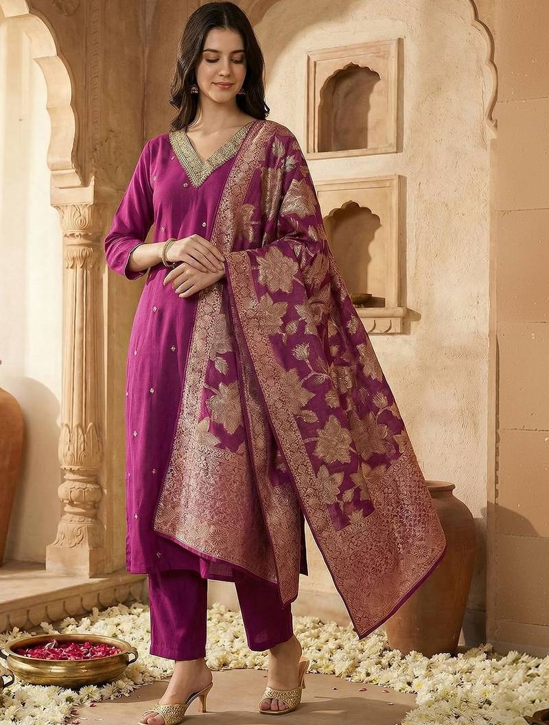 Women Ethnic Motifs Regular Kurta with Trousers & With Dupatta