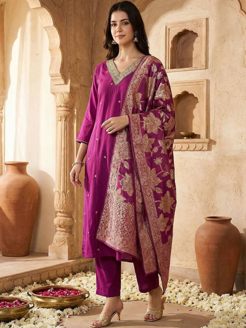 Women Ethnic Motifs Regular Kurta with Trousers & With Dupatta