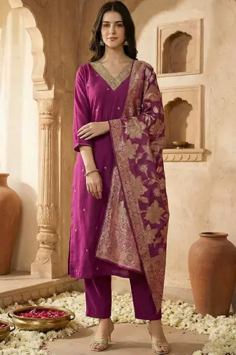 Women Ethnic Motifs Regular Kurta with Trousers & With Dupatta