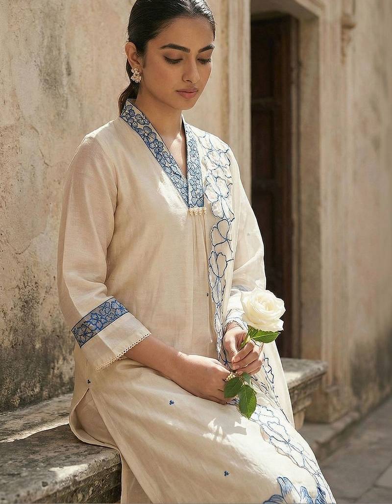 Women Floral Embroidered Regular Thread Work Kurta with Trousers & With Dupatta
