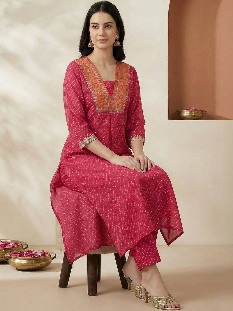 Women Ethnic Motifs Embroidered Regular Thread Work Silk Kurta with Trousers