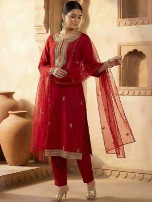 Women Ethnic Motifs Embroidered Regular Kurta with Trousers & With Dupatta 2