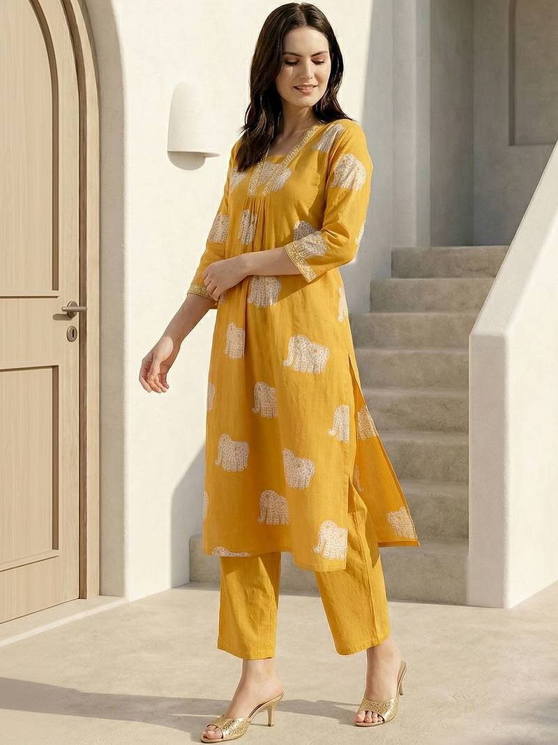 Women Animal Printed Regular Pure Cotton Kurta with Trousers