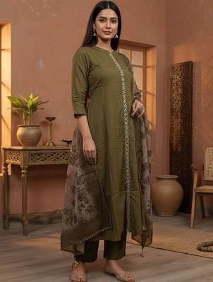 Women Ethnic Motifs Regular Thread Work Kurta with Trousers & With Dupatta 1