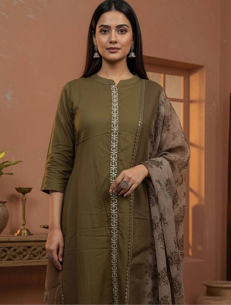 Women Ethnic Motifs Regular Thread Work Kurta with Trousers & With Dupatta