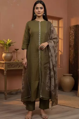 Women Ethnic Motifs Regular Thread Work Kurta with Trousers & With Dupatta