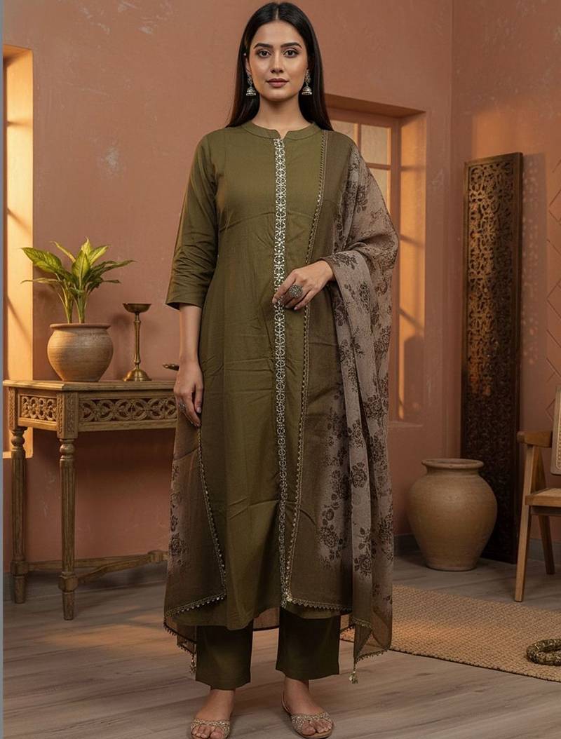 Women Ethnic Motifs Regular Thread Work Kurta with Trousers & With Dupatta