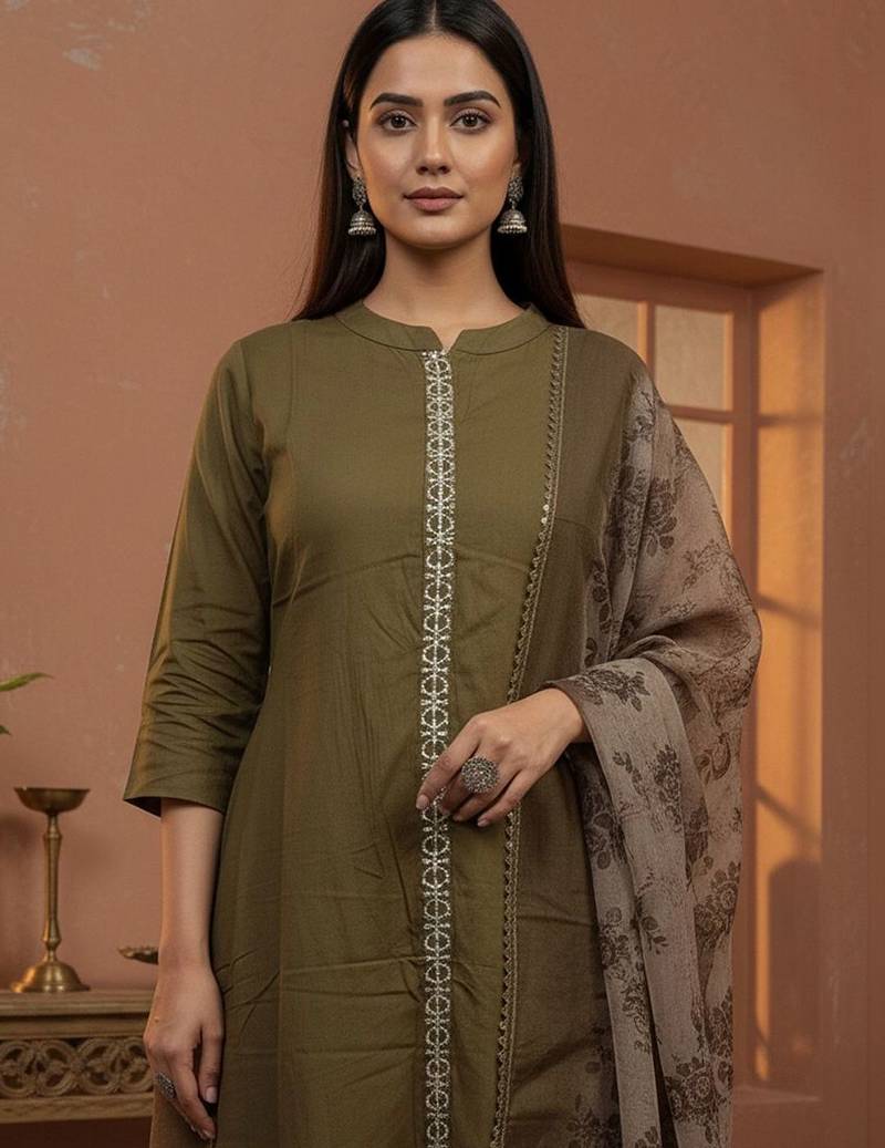 Women Ethnic Motifs Regular Thread Work Kurta with Trousers & With Dupatta
