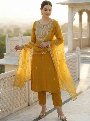 Women Ethnic Motifs Embroidered Regular Thread Work Kurta with Trousers & With Dupatta 1