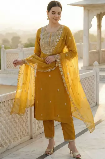 Women Ethnic Motifs Embroidered Regular Thread Work Kurta with Trousers & With Dupatta