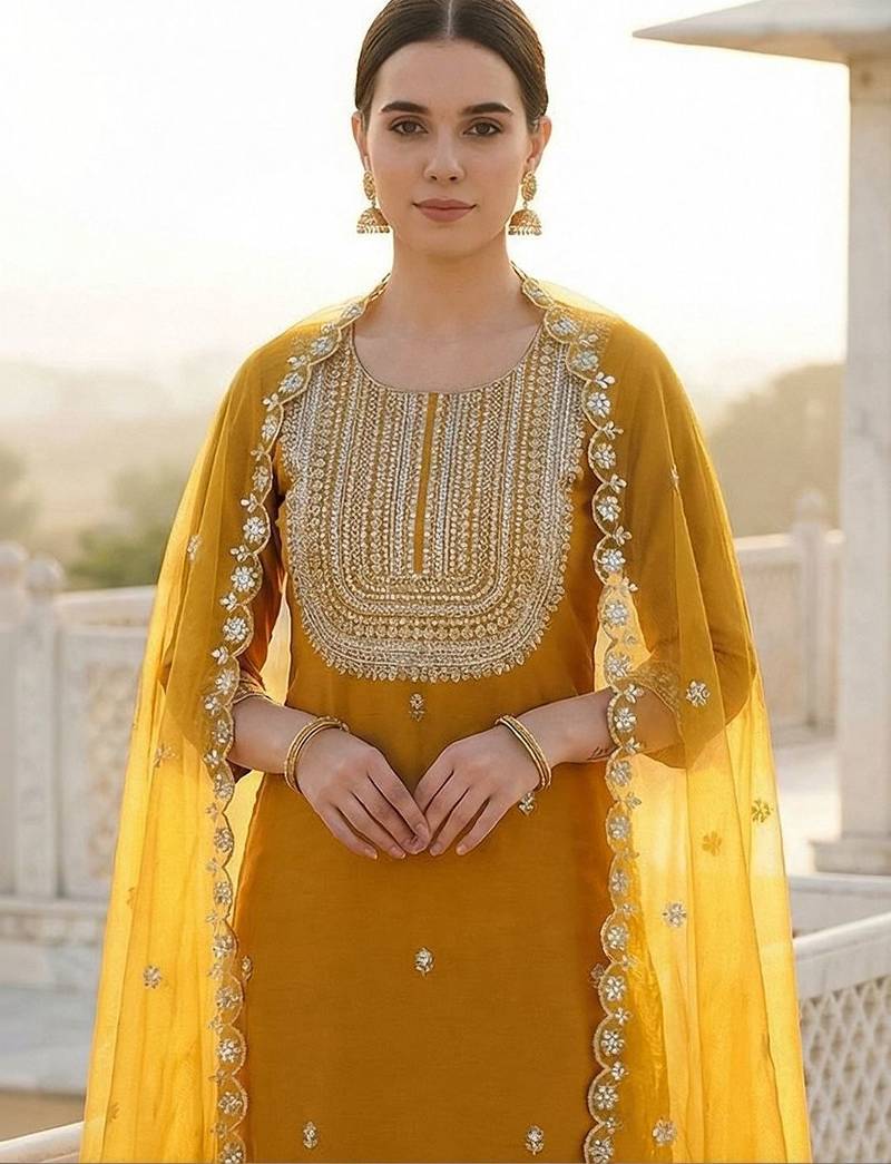 Women Ethnic Motifs Embroidered Regular Thread Work Kurta with Trousers & With Dupatta