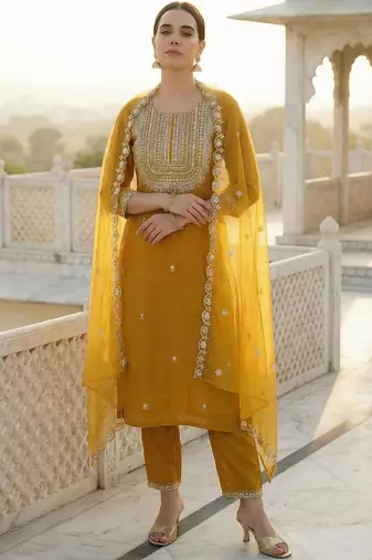 Women Ethnic Motifs Embroidered Regular Thread Work Kurta with Trousers & With Dupatta