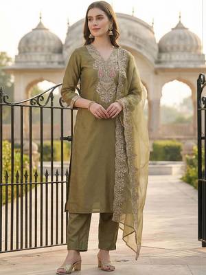 Women Ethnic Motifs Embroidered Regular Thread Work Kurta with Trousers & With Dupatta 1
