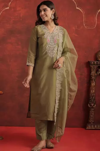 Women Ethnic Motifs Embroidered Regular Thread Work Kurta with Trousers & With Dupatta