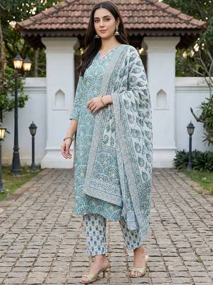 Women Ethnic Motifs Printed Regular Thread Work Pure Cotton Kurta with Trousers & With Dupatta 1