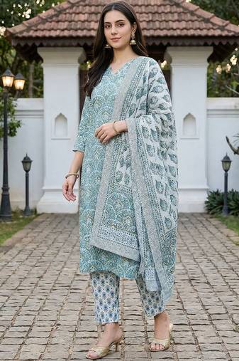 Women Ethnic Motifs Printed Regular Thread Work Pure Cotton Kurta with Trousers & With Dupatta