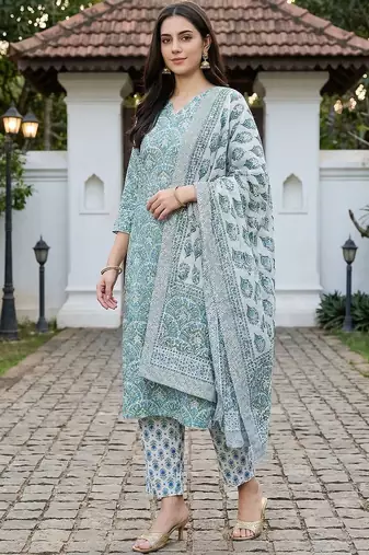 Women Ethnic Motifs Printed Regular Thread Work Pure Cotton Kurta with Trousers & With Dupatta