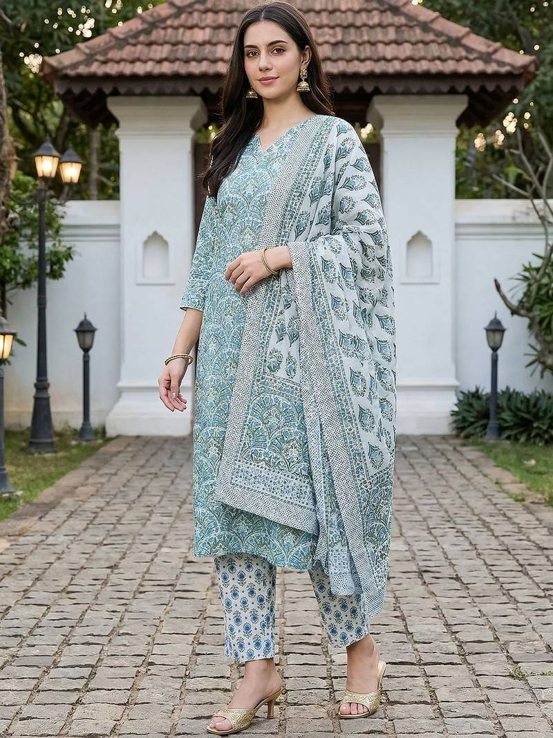 Women Ethnic Motifs Printed Regular Thread Work Pure Cotton Kurta with Trousers & With Dupatta