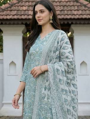 Women Ethnic Motifs Printed Regular Thread Work Pure Cotton Kurta with Trousers & With Dupatta 2