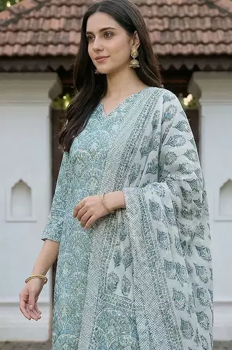 Women Ethnic Motifs Printed Regular Thread Work Pure Cotton Kurta with Trousers & With Dupatta