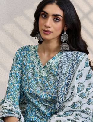 Women Ethnic Motifs Printed Regular Thread Work Pure Cotton Kurta with Trousers & With Dupatta 3