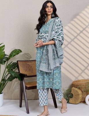 Women Ethnic Motifs Printed Regular Thread Work Pure Cotton Kurta with Trousers & With Dupatta 4