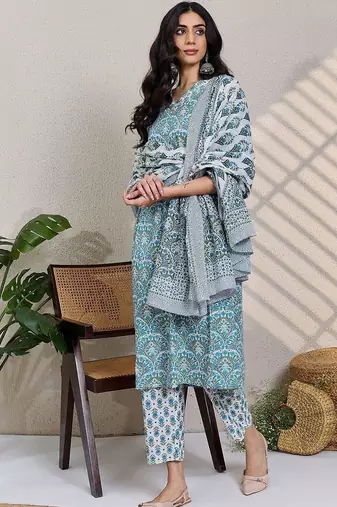 Women Ethnic Motifs Printed Regular Thread Work Pure Cotton Kurta with Trousers & With Dupatta