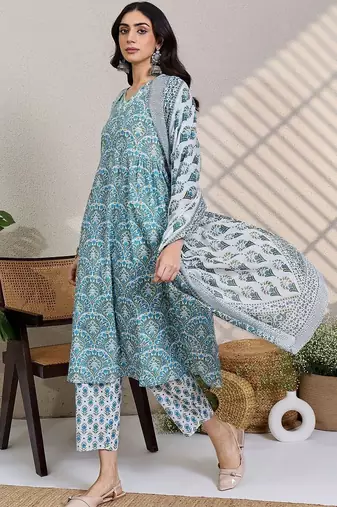 Women Ethnic Motifs Printed Regular Thread Work Pure Cotton Kurta with Trousers & With Dupatta