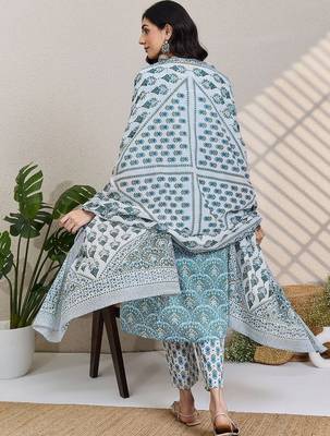 Women Ethnic Motifs Printed Regular Thread Work Pure Cotton Kurta with Trousers & With Dupatta 6