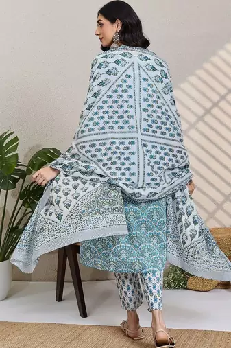 Women Ethnic Motifs Printed Regular Thread Work Pure Cotton Kurta with Trousers & With Dupatta