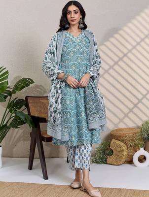 Women Ethnic Motifs Printed Regular Thread Work Pure Cotton Kurta with Trousers & With Dupatta 7