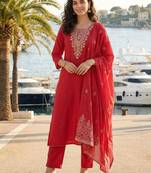 Women Ethnic Motifs Embroidered Regular Thread Work Kurta with Trousers & With Dupatta