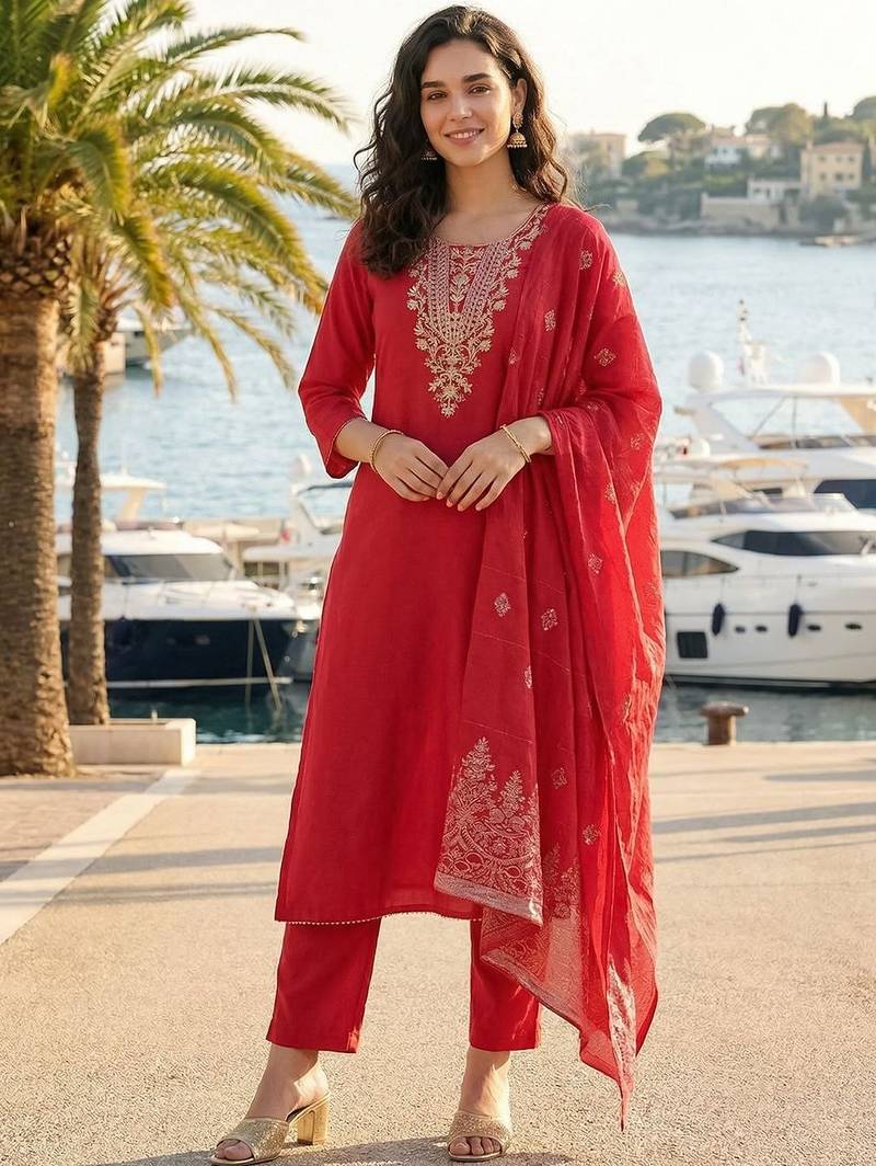 Women Ethnic Motifs Embroidered Regular Thread Work Kurta with Trousers & With Dupatta