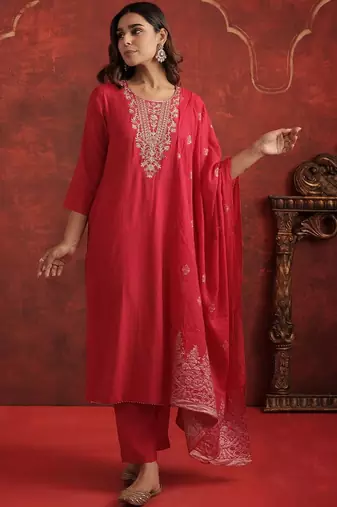 Women Ethnic Motifs Embroidered Regular Thread Work Kurta with Trousers & With Dupatta
