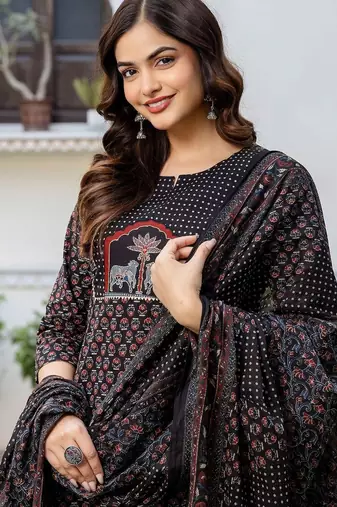 Women Ethnic Motifs Printed Regular Thread Work Pure Cotton Kurta with Trousers & With Dupatta